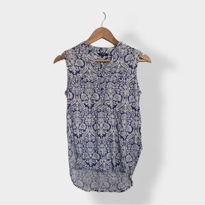 Blue and White Printed Sleeveless Blouse